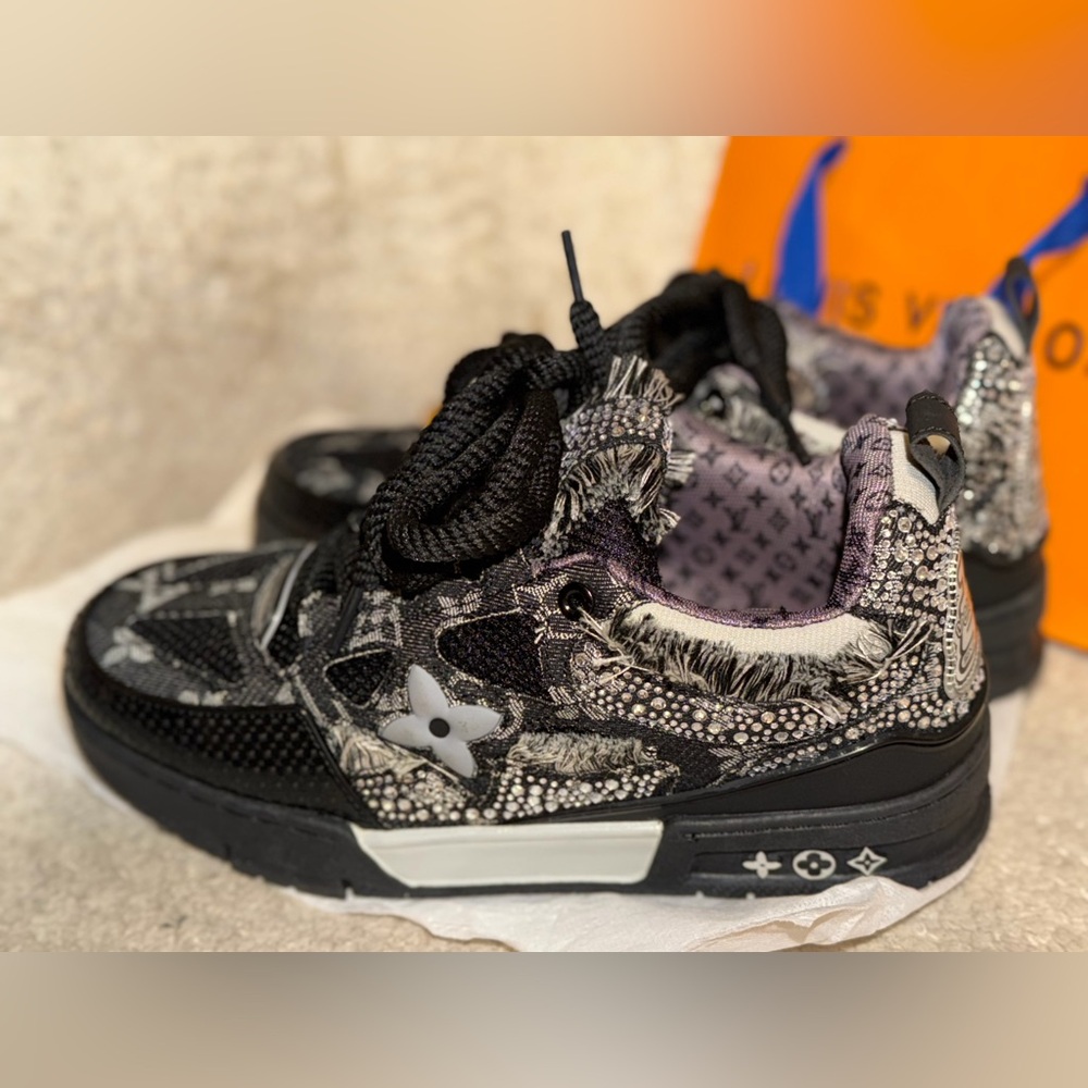 Fashion inspired  Black  and Grey Monogram Patchwork Sneakers - Picture 5 of 7